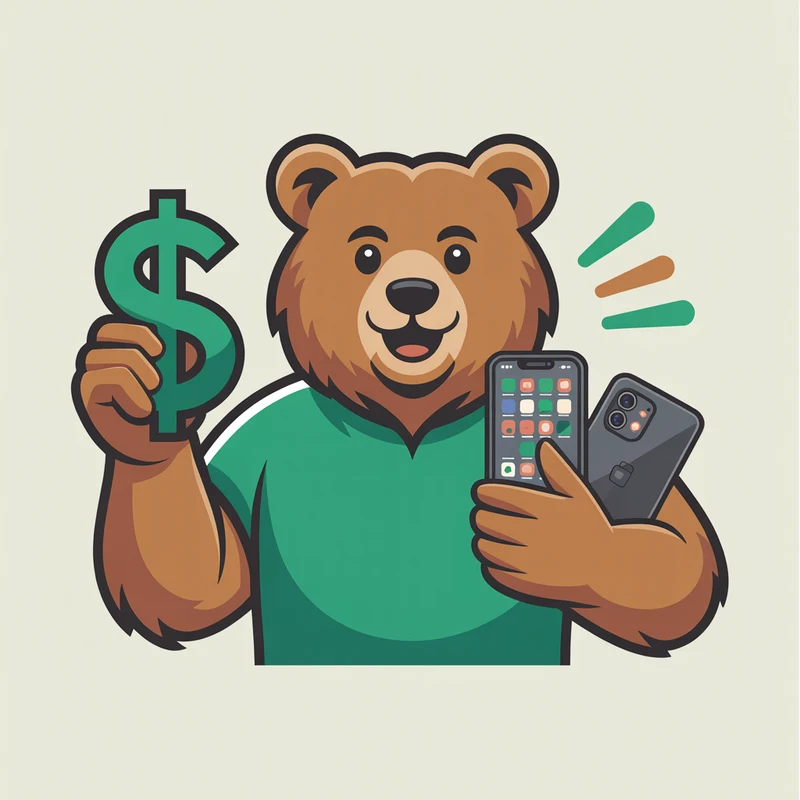Buck the BuyBackBear bear holding cash and two phones